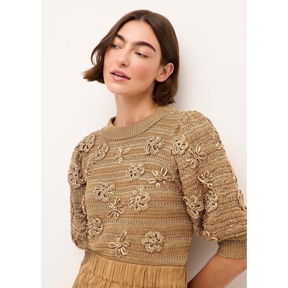 NWT Marie Oliver Ellison Sweater Medium Brown Embroidered Floral Puff Sleeve